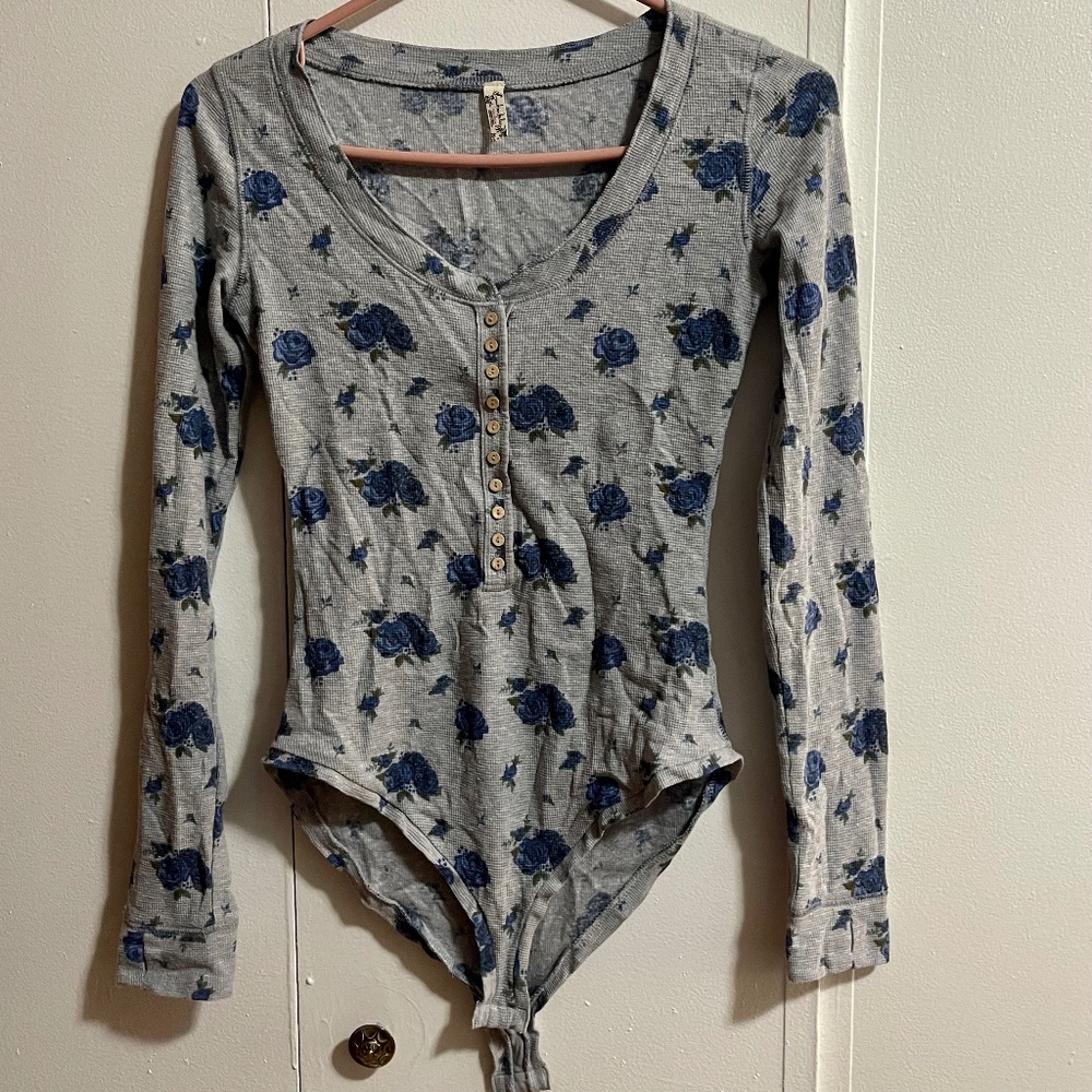 Free People Floral Print Henley Bodysuit